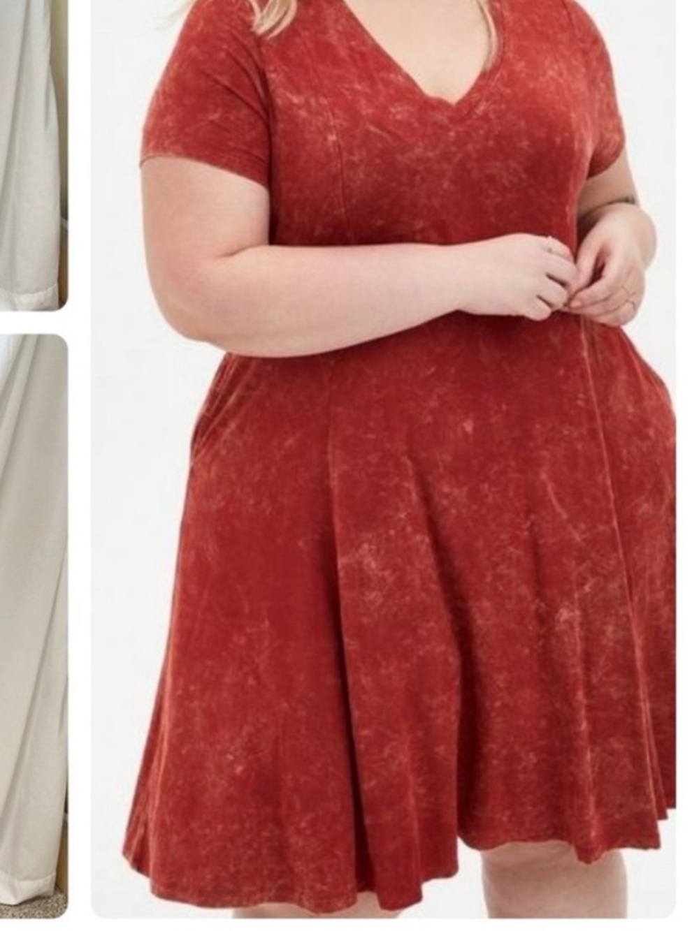 V-Neck Crinkle Short Sleeve Dress - Rust